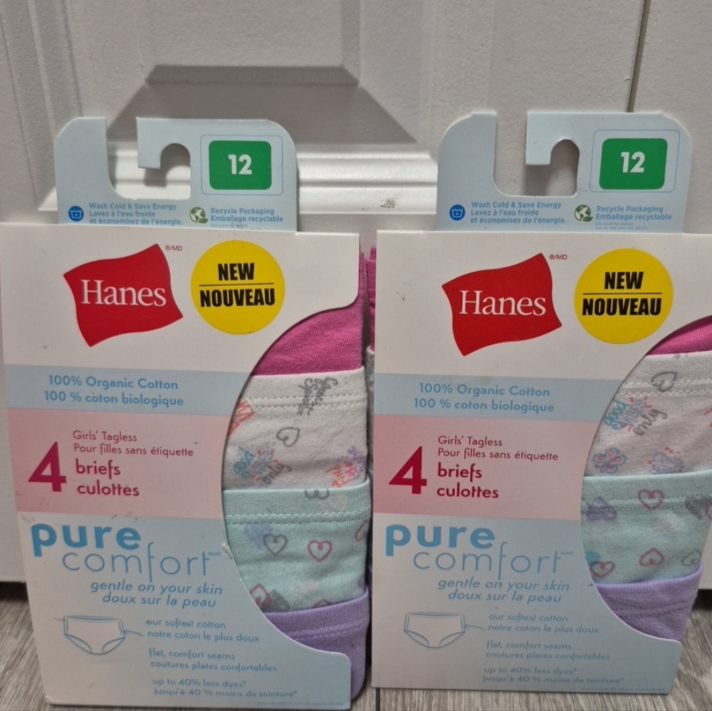 2 new packs of Hanes Pure Comfort Girls' 4 pair Briefs; Organic Cotton Size 12